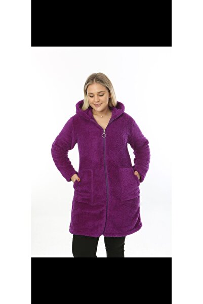 NUR TEKSTİL kadın MOR fermuarlı  Kapşonlu cepli  Peluş Hırka