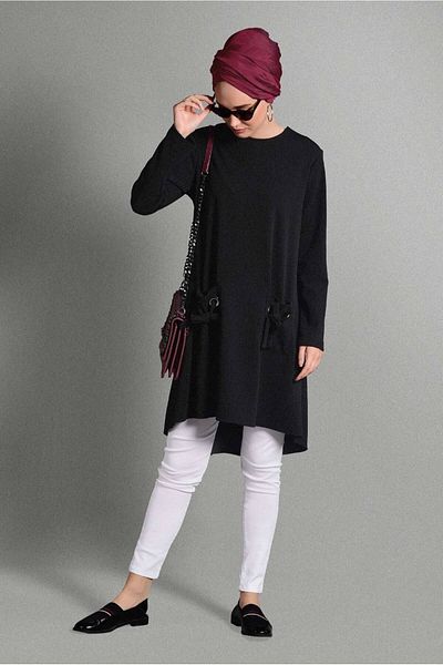 TRENDTESETTÜR Women's Black Pocket Eyelet Detailed Tunic 4988