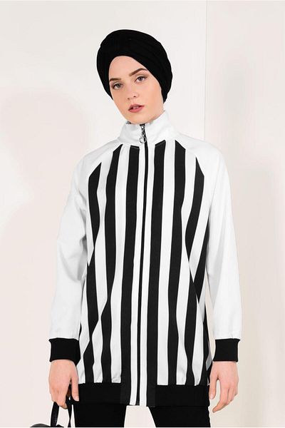 TRENDTESETTÜR Λευκό ριγέ βαμβακερό γυναικείο μπουφάν - T 4238