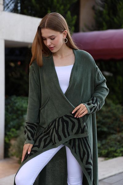 QASHMİR Khaki Color Asymmetrical Zebra Print Women's Cotton Cardigan
