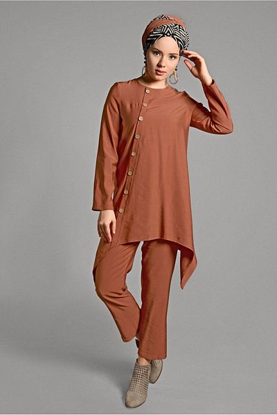 TRENDTESETTÜR Women's Orange (A.ORANJ) Button Detailed 2-Piece Trousers Suit 6429