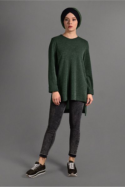 TRENDTESETTÜR Women's Khaki Double Sleeve Detailed Knitwear Tunic 06971