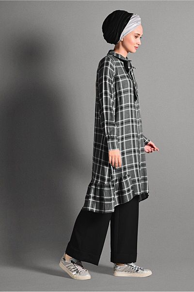 TRENDTESETTÜR Gray Plaid Patterned Women's Tunic - 7406
