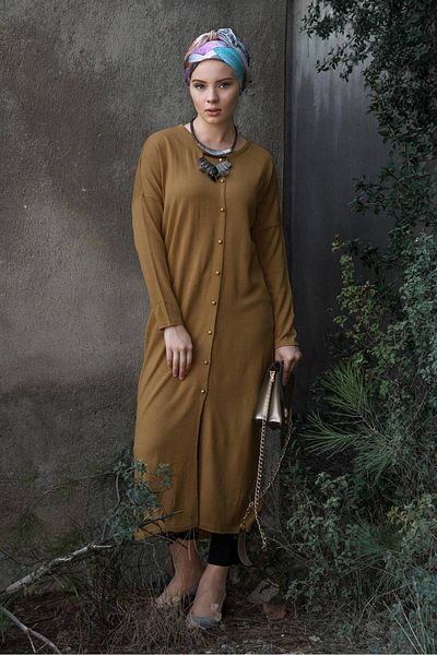 TRENDTESETTÜR Women's Orange (MUSTARD) Pearl Button Detailed Long Cardigan 406