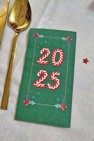PEKSHOP Candy Cane 2025 Printed Green Christmas Napkin - Green Napkin 12 Pack