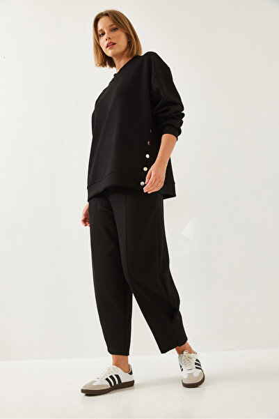 Bianco Lucci Women's Bottom and Top Set with Button Detail on the Sides 60351257