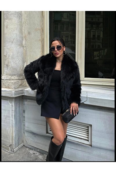 manana fashion Palton de blană neagră de calitate premium