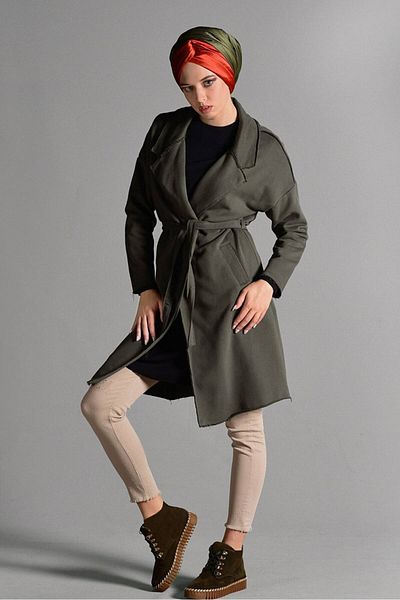 TRENDTESETTÜR Women's Khaki Pocket Detailed Belted Cardigan 3319