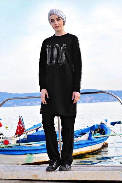 TRENDTESETTÜR Γυναικείο Σετ Φόρμας Μαύρο Μπροστινό Πέτρινο Βαμβακερό 5238