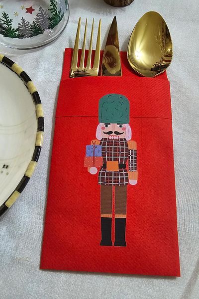 PEKSHOP Red Fabric Textured - Carrying Lead Soldier Printed Christmas Napkin with Pockets