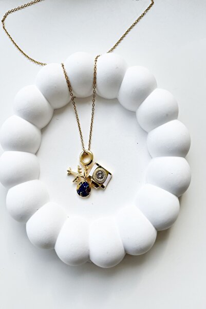 Pretty 316L Steel Gold Color Zircon Stone Photo Camera Airplane World Figured Women's Necklace