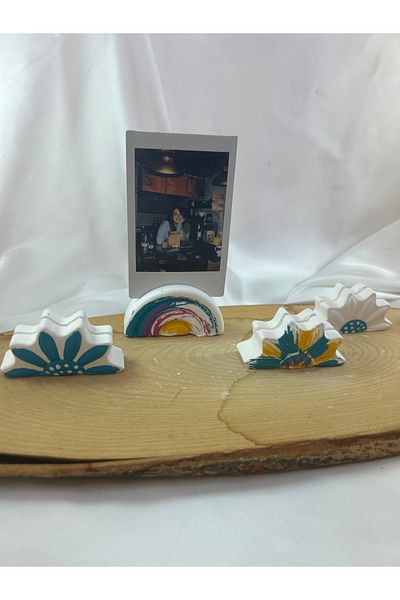 Melouro Space Blue Yellow Daisy and Rainbow - Set of 3 Photo and Card Holder, Name Holder with Notes