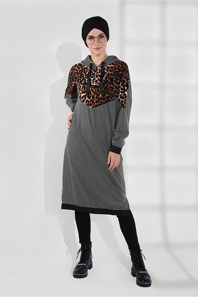 TRENDTESETTÜR Gray Leopard Print Hooded Women's Tracksuit Tunic - Antresit 635
