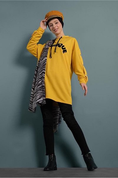 TRENDTESETTÜR Women's Yellow Text Detailed Tracksuit Tunic - 277