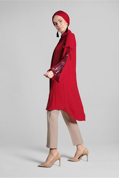 TRENDTESETTÜR Women's Red Sequined Cotton Tunic 2414