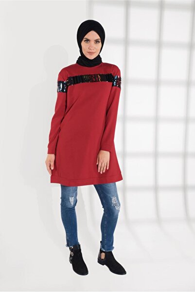 TRENDTESETTÜR Red Cotton Women's Tracksuit Tunic - Sequin Detailed 0302