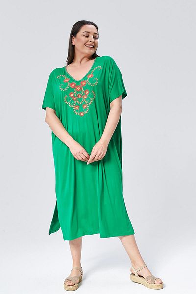 Ebsumu Πράσινο φόρεμα Plus Size - Εξαιρετικά άνετη εφαρμογή, κεντημένο λαιμόκοψη σε V