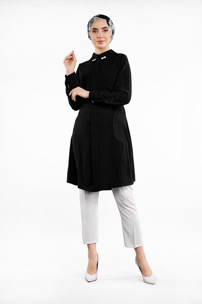 TRENDTESETTÜR Women's Black Tunic with Jewelled Sleeves 48791