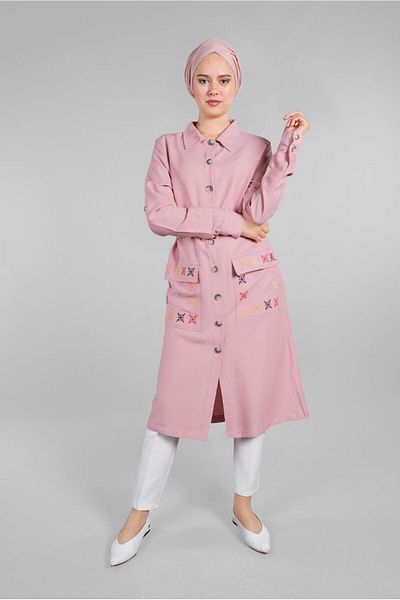 TRENDTESETTÜR Women's Powder Pockets Embroidery Detailed Buttoned Front Tunic 3234