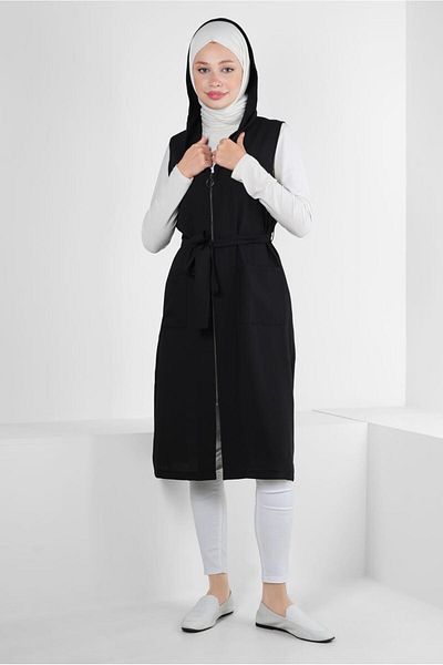 Alvina Hooded Zippered Pocket Vest 43872