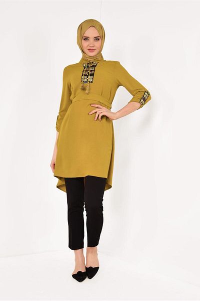 TRENDTESETTÜR Women's Orange Asymmetrical Turtleneck Tunic - Hardal t 07091