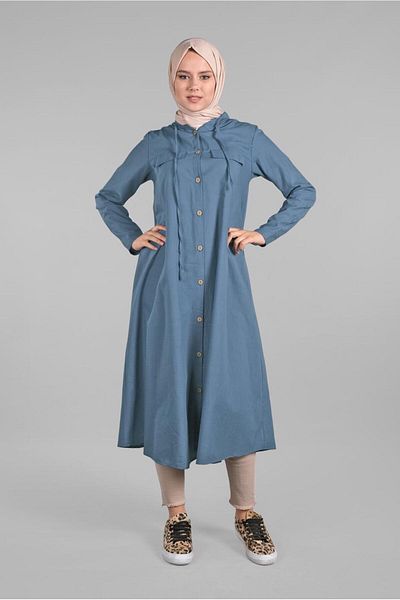 TRENDTESETTÜR Women's Navy Blue (NDIGO) Front Buttoned Long Tunic 764