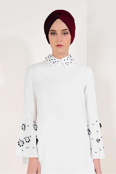 TRENDTESETTÜR Women's Ecru Bead Detailed Wide Sleeve Tunic T 27281