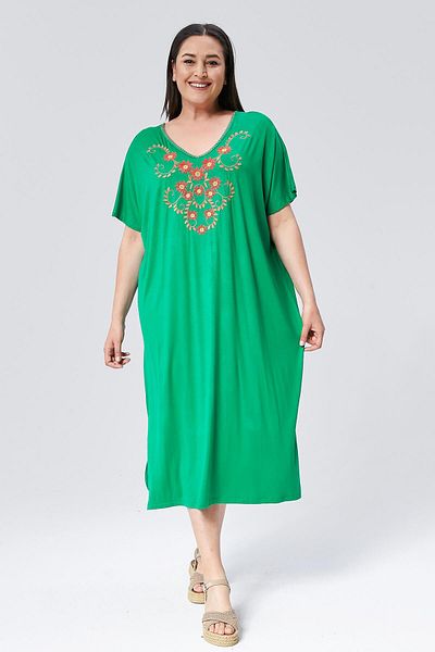 Ebsumu Πράσινο φόρεμα Plus Size - Εξαιρετικά άνετη εφαρμογή, κεντημένο λαιμόκοψη σε V