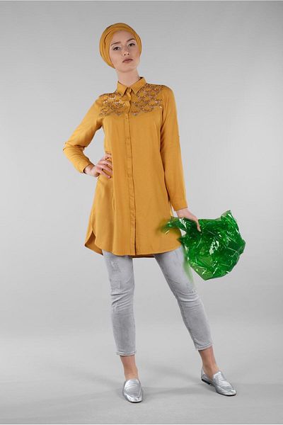 TRENDTESETTÜR Women's Orange (MUSTARD) Side Slit Detailed Tunic 4174