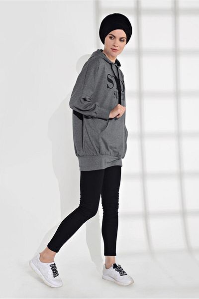TRENDTESETTÜR Women's Gray (ANTRESIT) Text Printed Pocket Sweatpants Tunic 6102