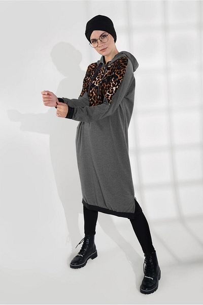TRENDTESETTÜR Gray Leopard Print Hooded Women's Tracksuit Tunic - Antresit 635