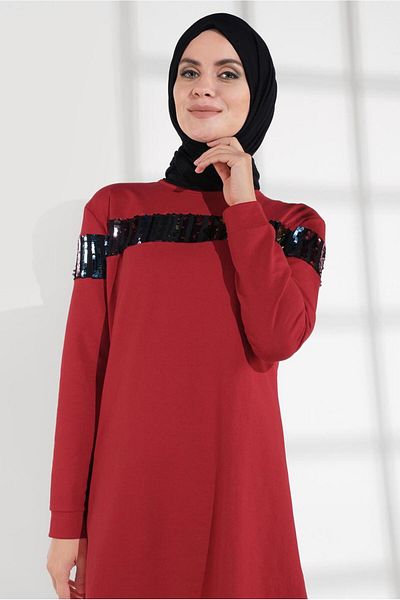 TRENDTESETTÜR Red Cotton Women's Tracksuit Tunic - Sequin Detailed 0302