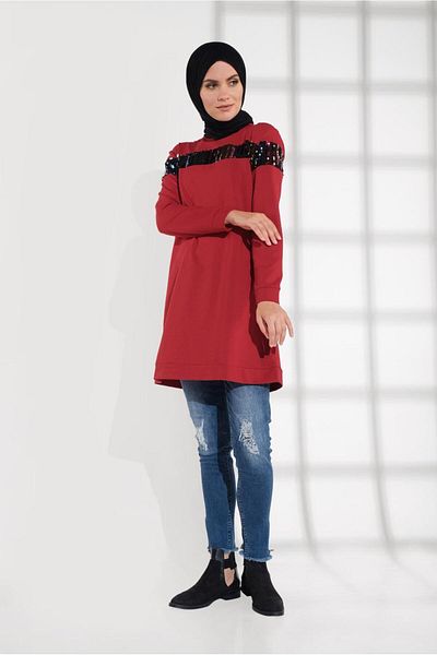 TRENDTESETTÜR Red Cotton Women's Tracksuit Tunic - Sequin Detailed 0302