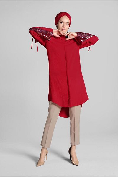 TRENDTESETTÜR Women's Red Sequined Cotton Tunic 2414