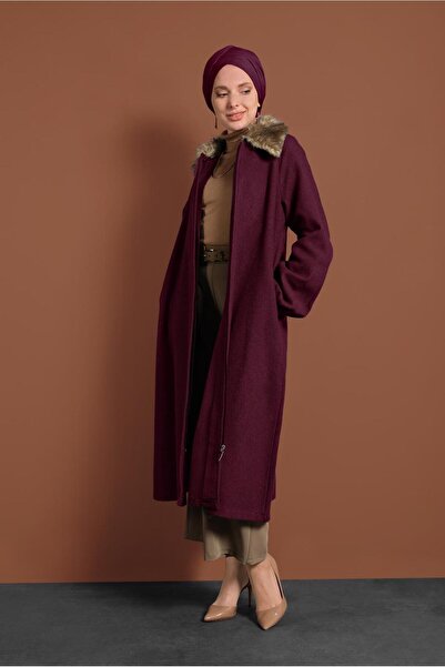 TRENDTESETTÜR Women's Burgundy Collar Fur Detailed Zippered Cashmere Coat 1705