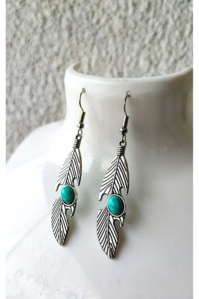 NHOUSE Feather Model, Turquoise Turquoise Stone, Dangle / Retro Earrings