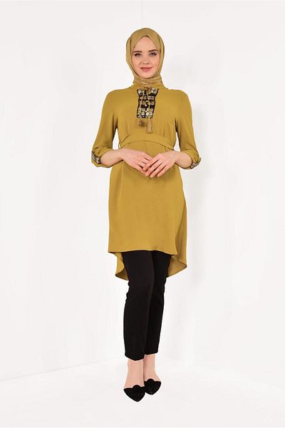 TRENDTESETTÜR Women's Orange Asymmetrical Turtleneck Tunic - Hardal t 07091