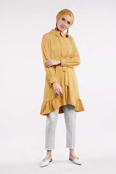 TRENDTESETTÜR Women's Orange (MUSTARD) Waist Belted Skirt Tip Flounce Tunic 7655