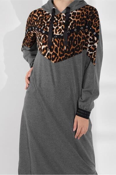 TRENDTESETTÜR Gray Leopard Print Hooded Women's Tracksuit Tunic - Antresit 635