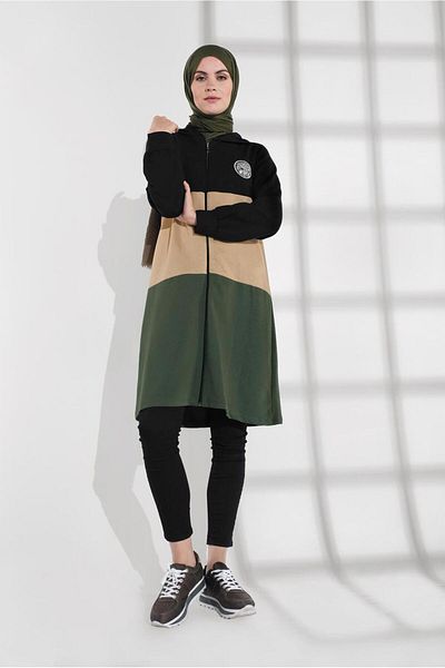 TRENDTESETTÜR Γυναικείο μαύρο (ΜΑΥΡΟ-ΜΠΕΖ) Μπουφάν με κουκούλα με λεπτομέρεια ρίγες 0655