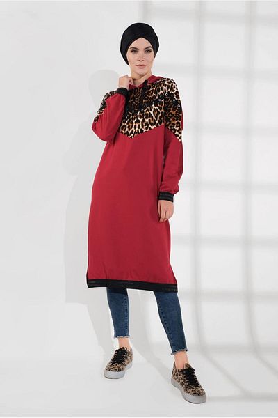 TRENDTESETTÜR 635 Model Leopard Print Hooded Tracksuit Tunic