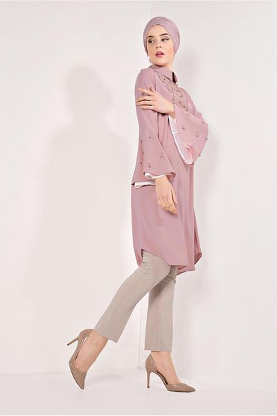 TRENDTESETTÜR Women's Pink (ROSE) Embroidered Tunic with Flywheel Sleeves T 71381