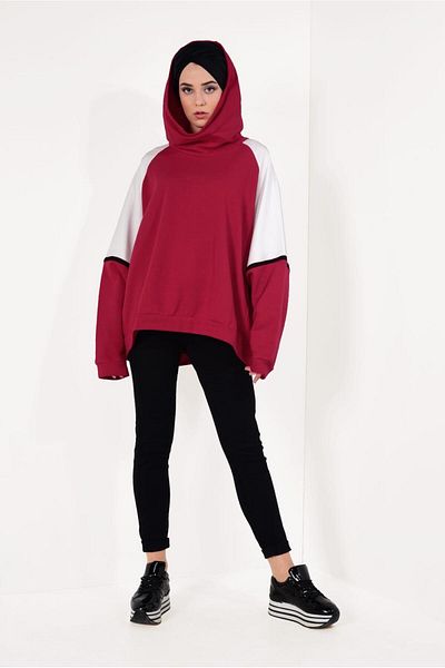 TRENDTESETTÜR Women's Red Hooded Bat Sleeve Tracksuit Tunic T 53041