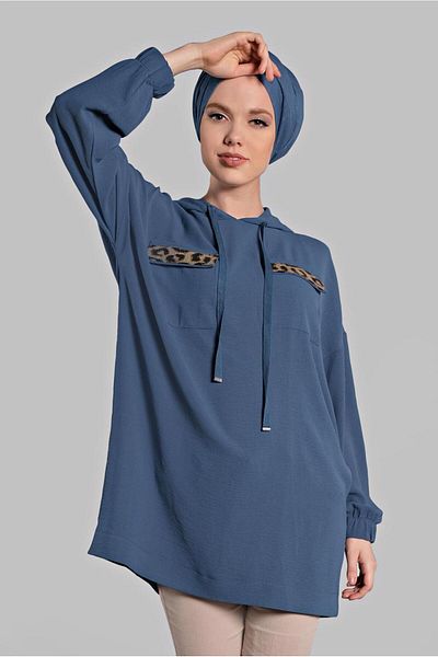 TRENDTESETTÜR Tunica cu glugă cu model leopard albastru bleumarin pentru femei (INDIGO) 60191