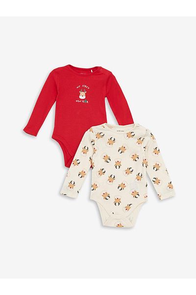 LC Waikiki Lcw Baby Crew Neck Long Sleeve Printed Baby Girl Snap Fastener Bodysuit 2Pcs