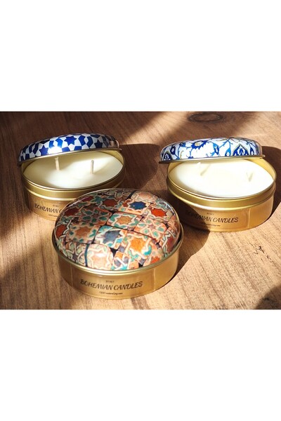 Bohemian Candles,natural soy wax candle,vegan soya mumu,3’lü metal kutu,katkısız mum,lavanta kokulu