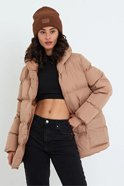 HOPLEVER Kadın Kahverengi Kapüşonlu Şişme Mont