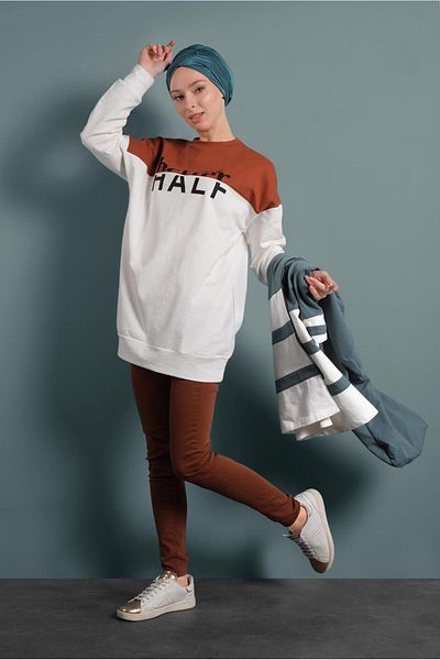 TRENDTESETTÜR Coffee Color Double Color Written Women's Tunic 537