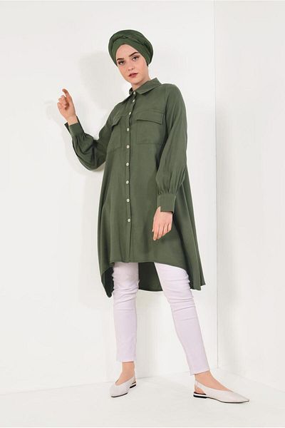 TRENDTESETTÜR Khaki Color Asymmetrical Women's Tunic - Length Button t 7026