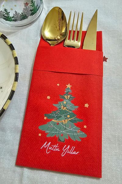 PEKSHOP Red Christmas Napkin - 6 Pockets, Textured Fabric, Happy Birthday Printed